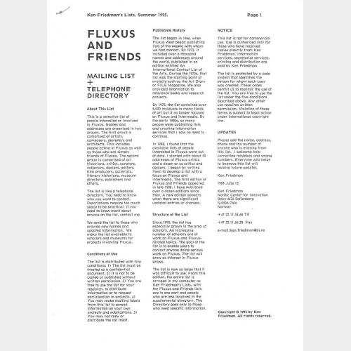 Fluxus and Friends. Mailing List +Telephone Directory